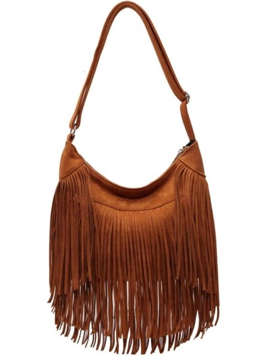 Handbags - Vintage Suede Fringe Hobo Tote Bag | Boho Chic Crossbody Purse for Women